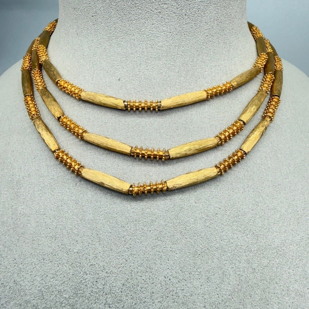 Vintage Etruscan Revival Gold Tone Triple Strand Textured Bar Bead Necklace 15"